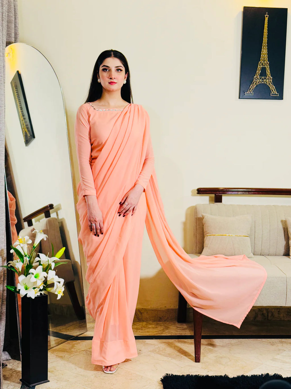 Peach Pink Chiffon Saree