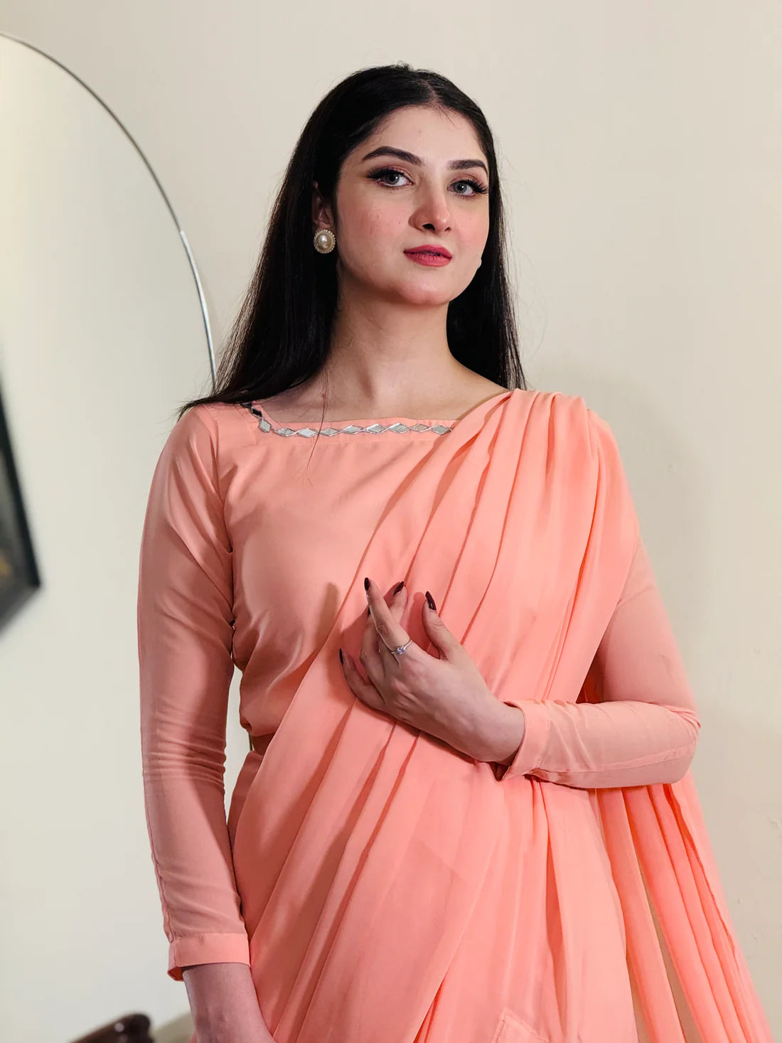 Peach Pink Chiffon Saree