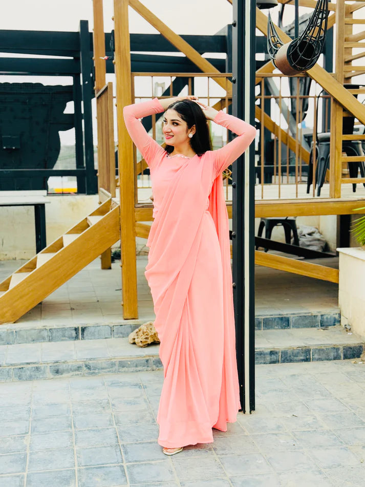 Peach Pink Chiffon Saree