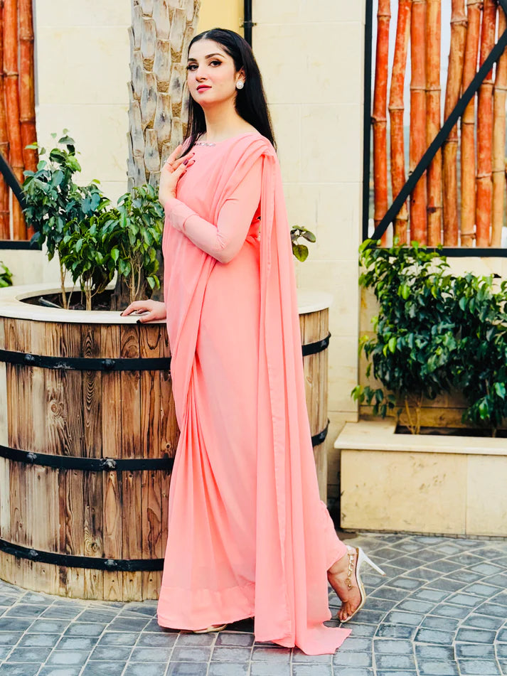 Peach Pink Chiffon Saree