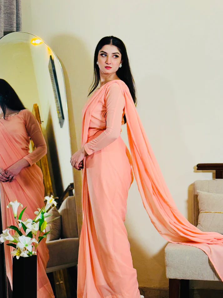 Peach Pink Chiffon Saree