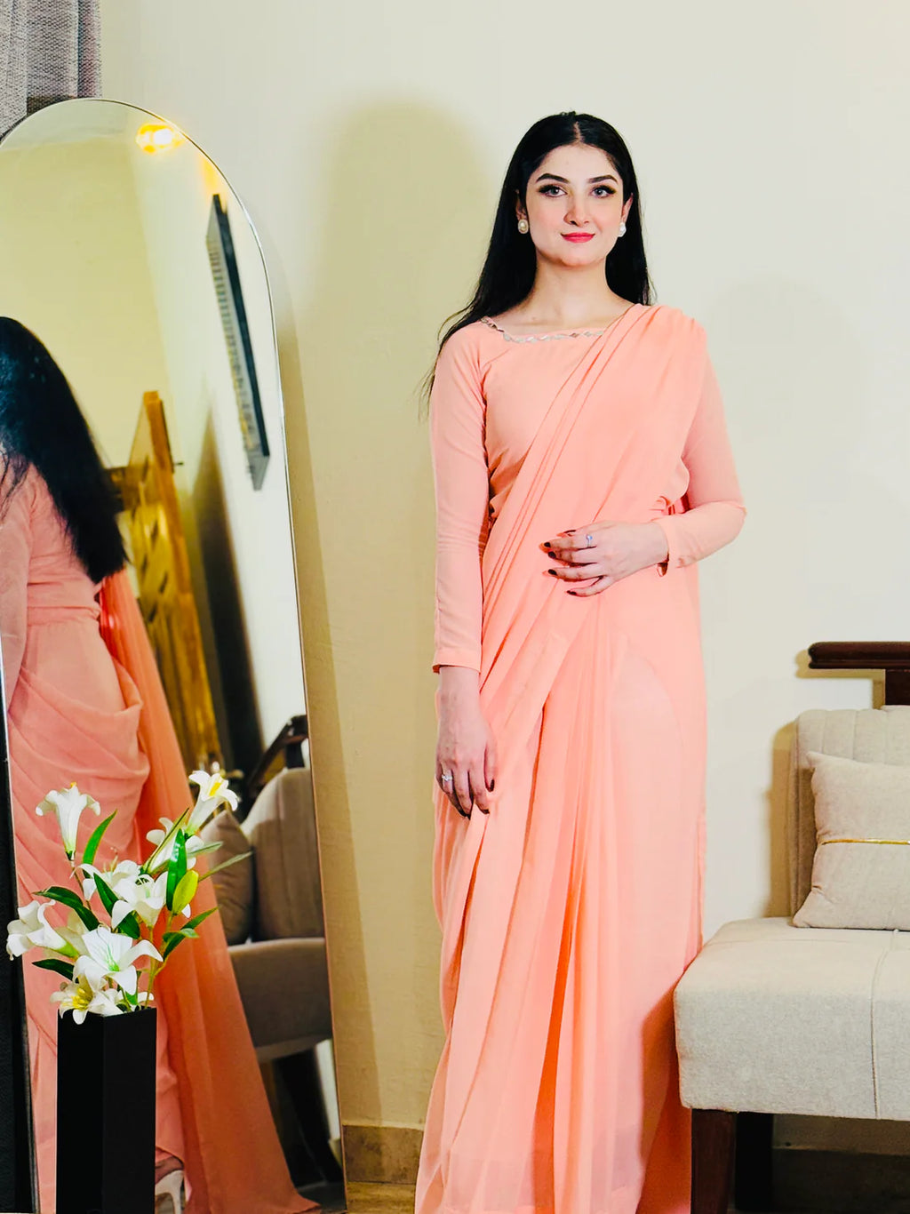Peach Pink Chiffon Saree
