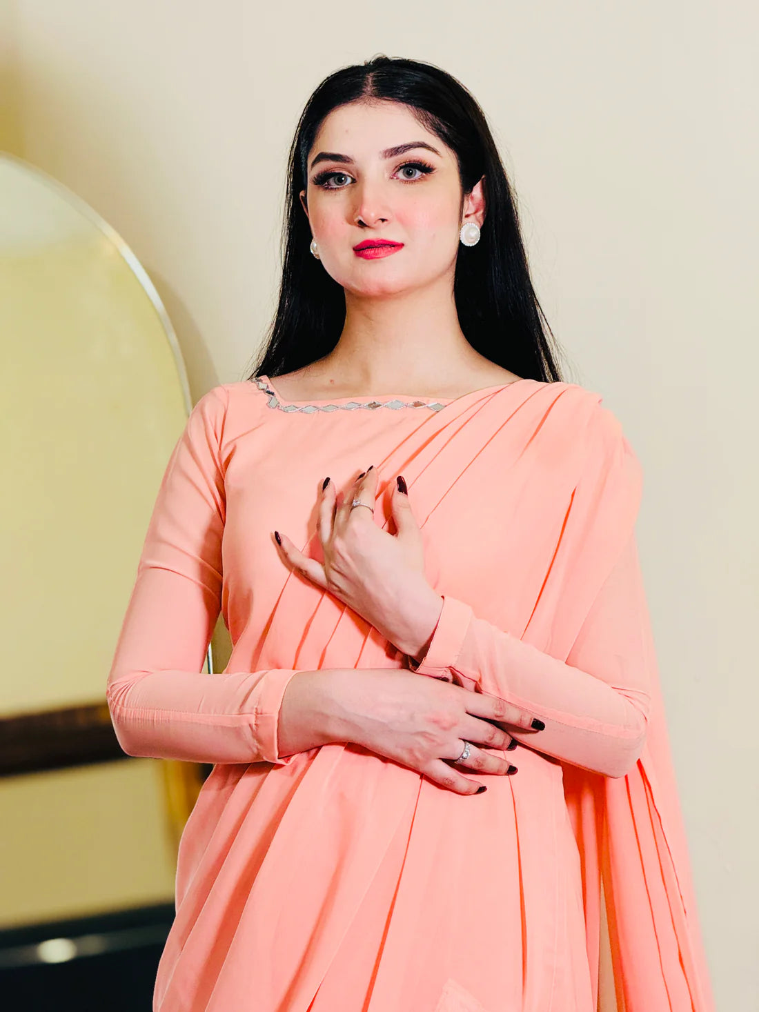 Peach Pink Chiffon Saree