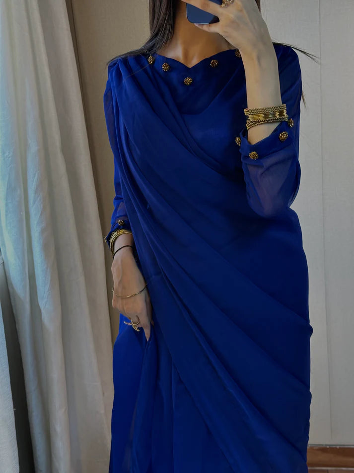 Chiffon Saree Diamond On Neck