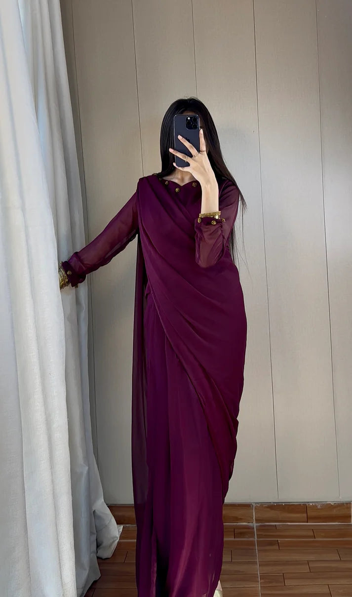 Chiffon Saree Diamond On Neck